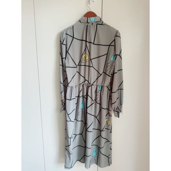 Vintage 80s Day Dress Size Med Grey Graphic Print Midi Length Office Made USA - Picture 5 of 11